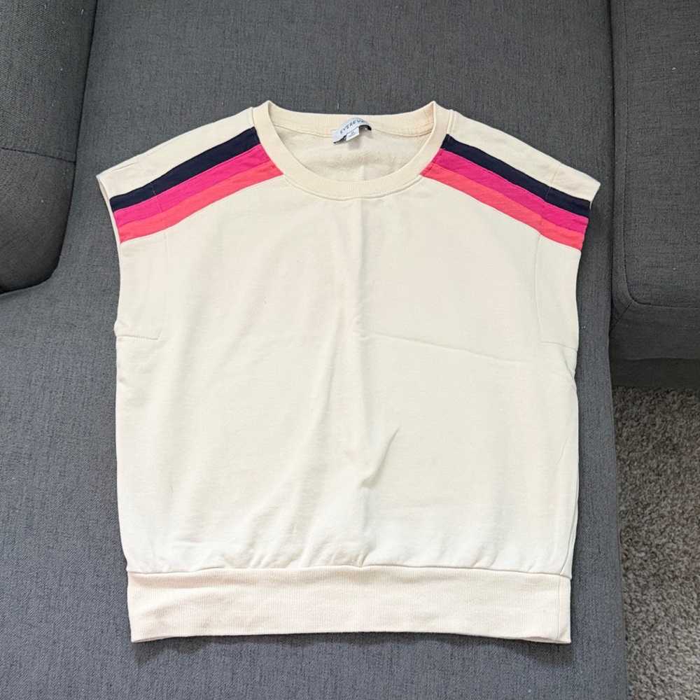 Evereve Cream Top with Pink & Navy Shoulder Stripes